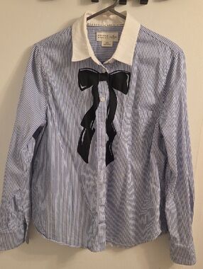 kate spade Blue & White Striped Button-Down with Black Bow
